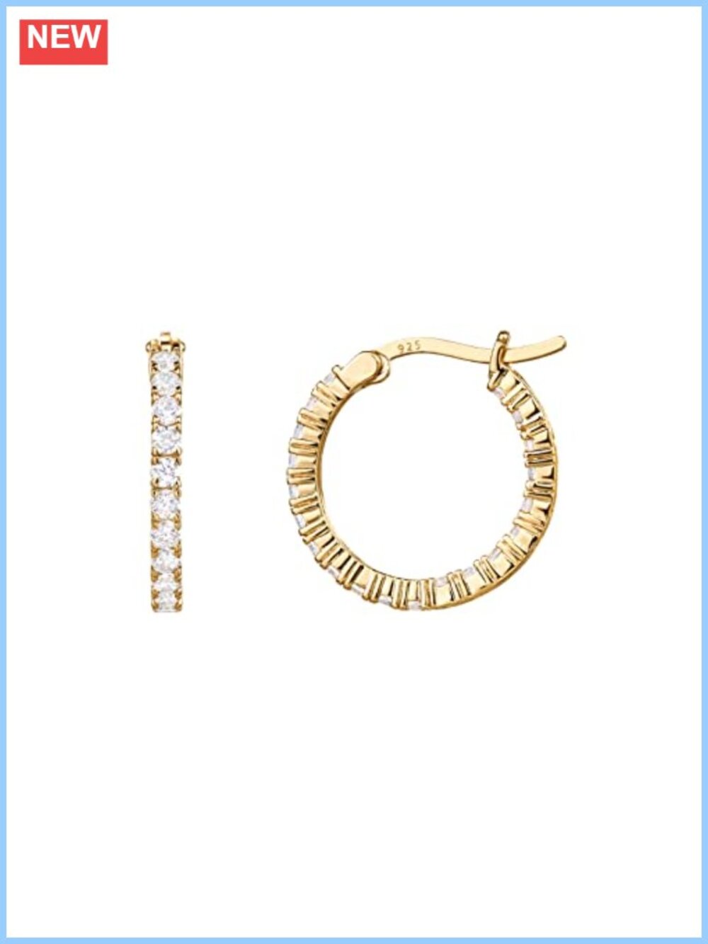 14K Gold Plated Cubic Zirconia Hoop Earrings 20mm Inside Out CZ Everyday